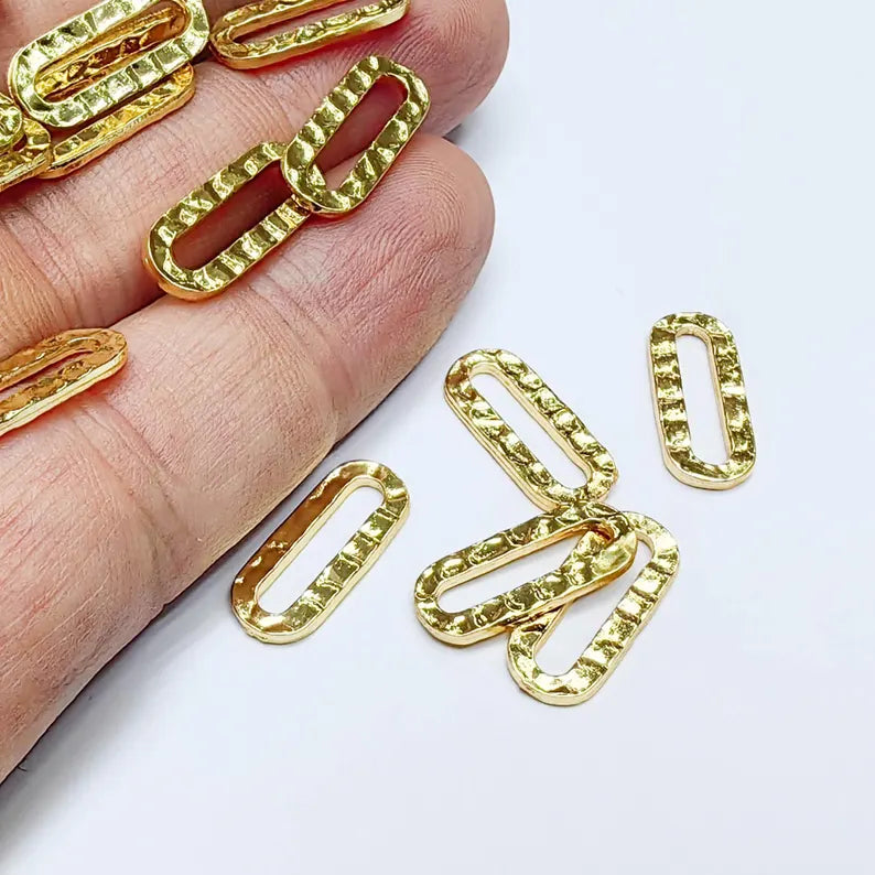 5 24K Gold Link Charm, Double Sided Oval Connector, Hammered Jewelry Link, 17x7mm, G37611