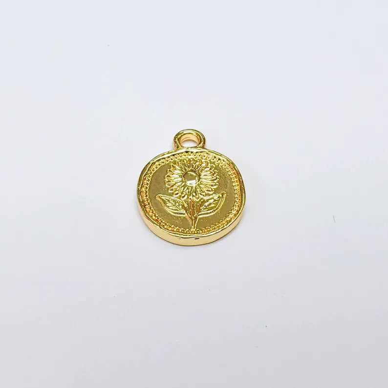 2 Sunflower Charm, Double Sided Flower Pendant, 24k Gold Plated, Jewelry Making, G37612