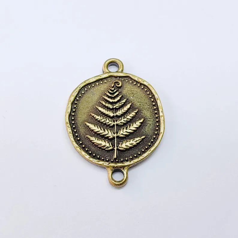Fern Connector Pendant, Antique Bronze Plated Charm, Double Loop Jewelry Making Supplies, 31x22mm G37652