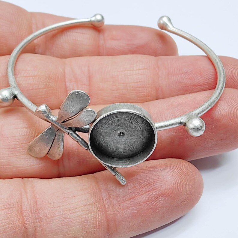 Dragonfly Bezel Bracelet Base, Adjustable Cuff, Antique Silver, Resin Jewelry, 14mm, G37654