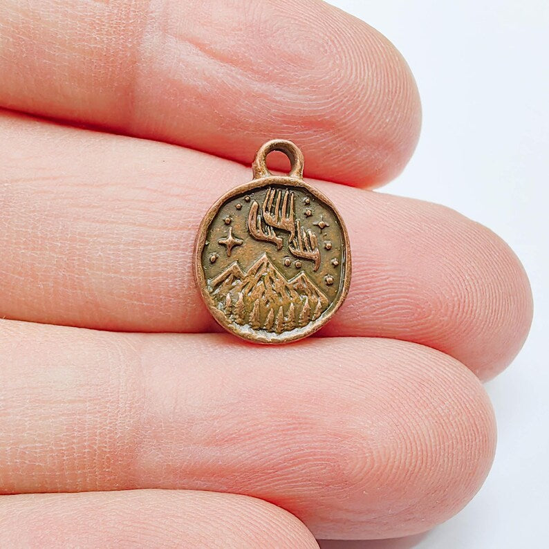 4 Aurora Borealis Charm, Double Sided Pendant, Northern Lights, 16x13mm Antique Copper Plated G37655