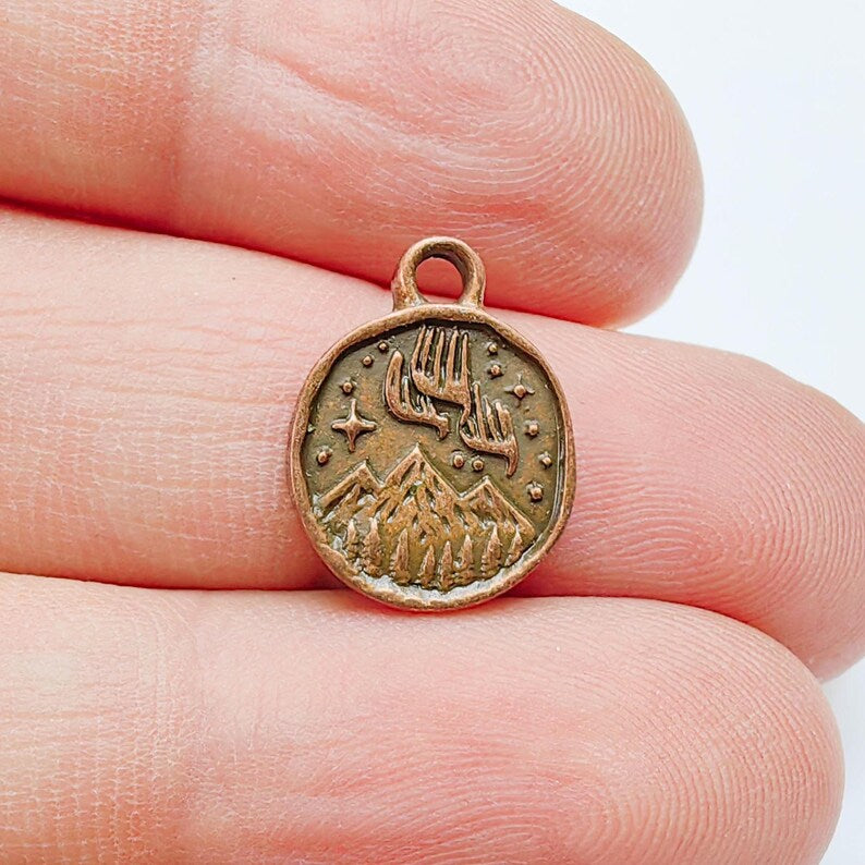 4 Aurora Borealis Charm, Double Sided Pendant, Northern Lights, 16x13mm Antique Copper Plated G37655