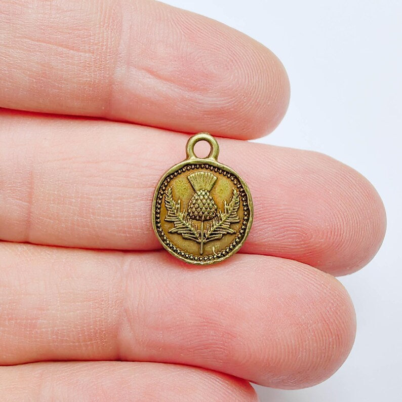 4 Thistle Charm, Double Sided Pendant, Boho Jewelry Making Supplies, Antique Bronze Plated, 16x13mm G37662