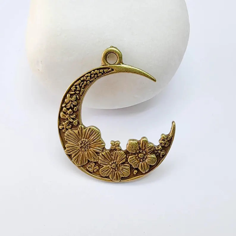 Crescent Moon Charm, Flower Celestial Pendant, Antique Bronze Plated, Jewelry Making Supplies 33x28mm G37666