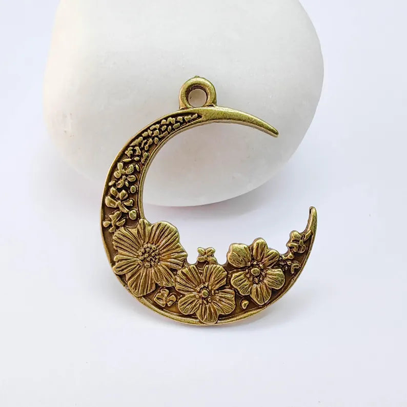 Crescent Moon Charm, Flower Celestial Pendant, Antique Bronze Plated, Jewelry Making Supplies 33x28mm G37666