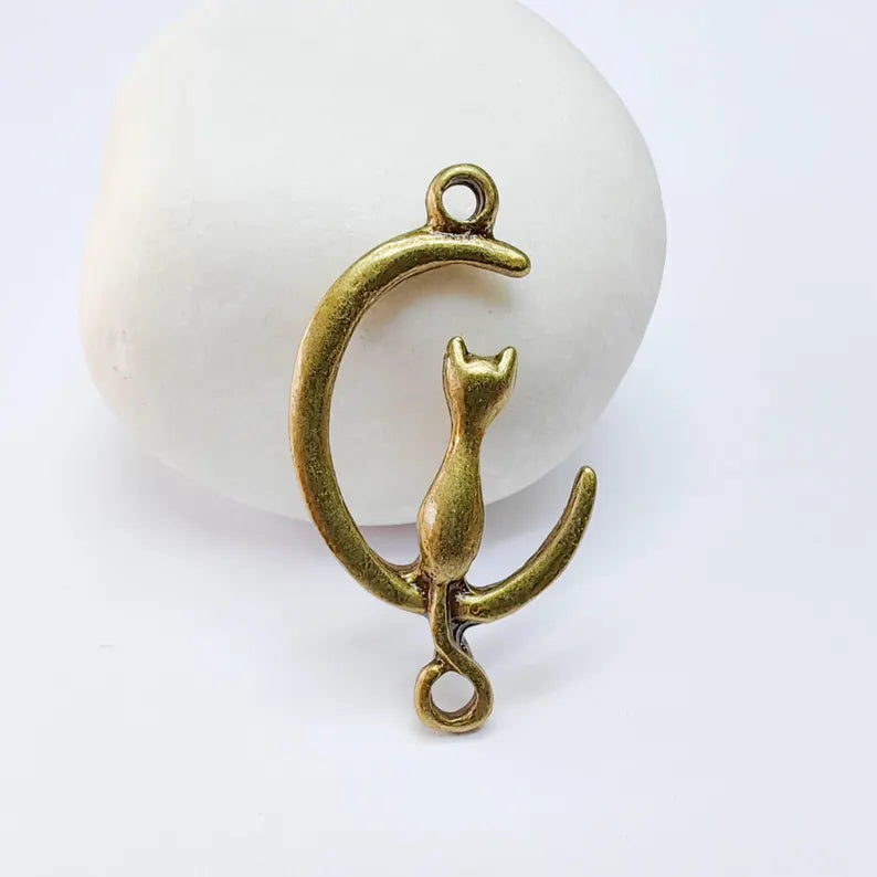 5 Cat Crescent Charms, Dangle DIY Earring Connector, Necklace Parts, Antique Bronze Plated 37x22mm G37669