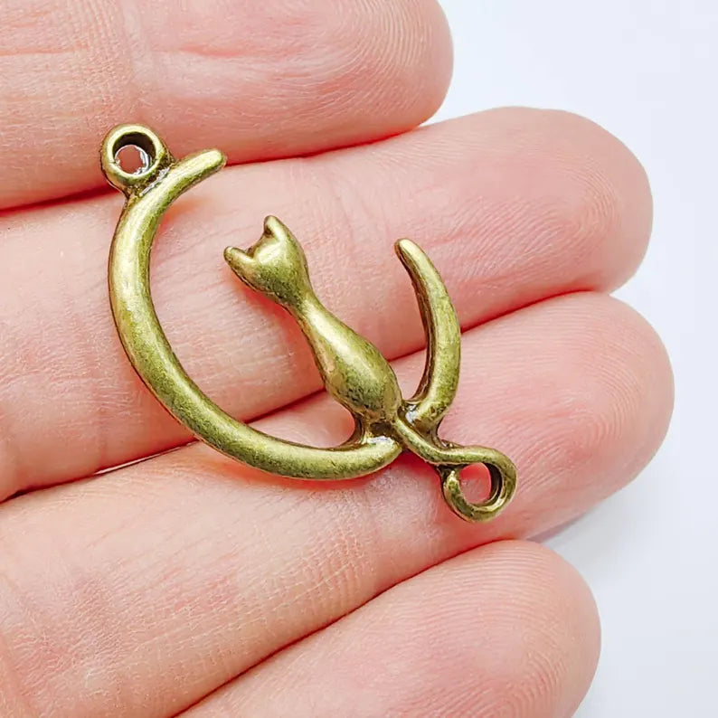 5 Cat Crescent Charms, Dangle DIY Earring Connector, Necklace Parts, Antique Bronze Plated 37x22mm G37669