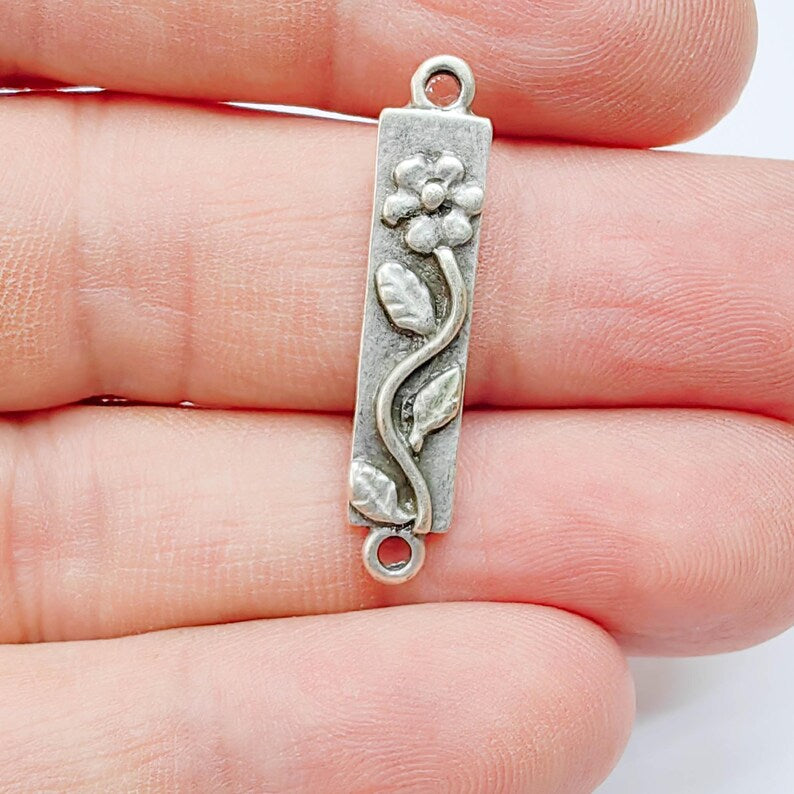 2 Floral Daisy Connector Bar, Antique Silver Vine , Double Loop Link, 32x6mm, G37670