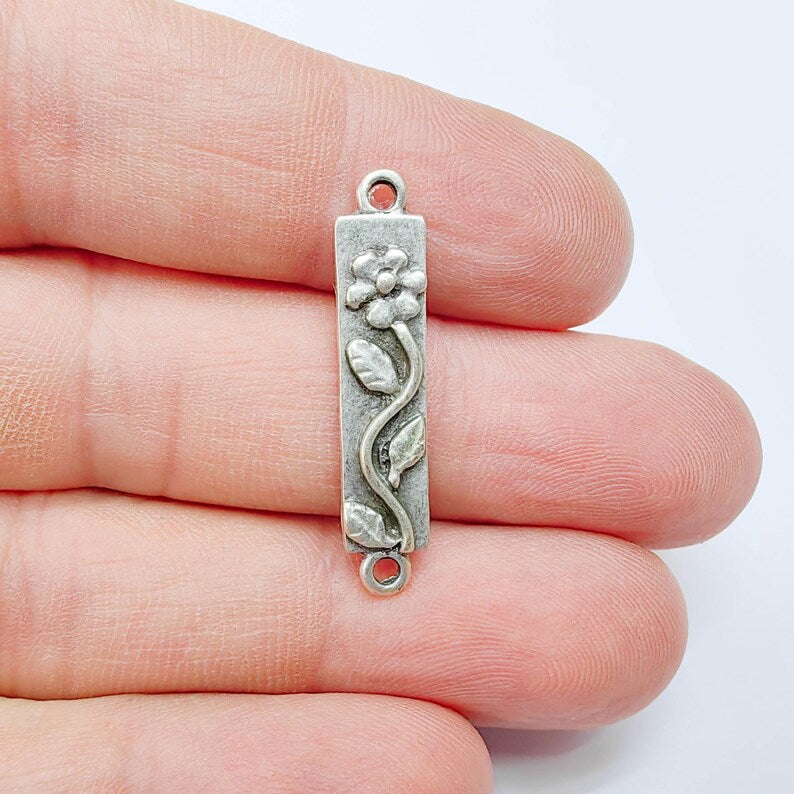 2 Floral Daisy Connector Bar, Antique Silver Vine , Double Loop Link, 32x6mm, G37670