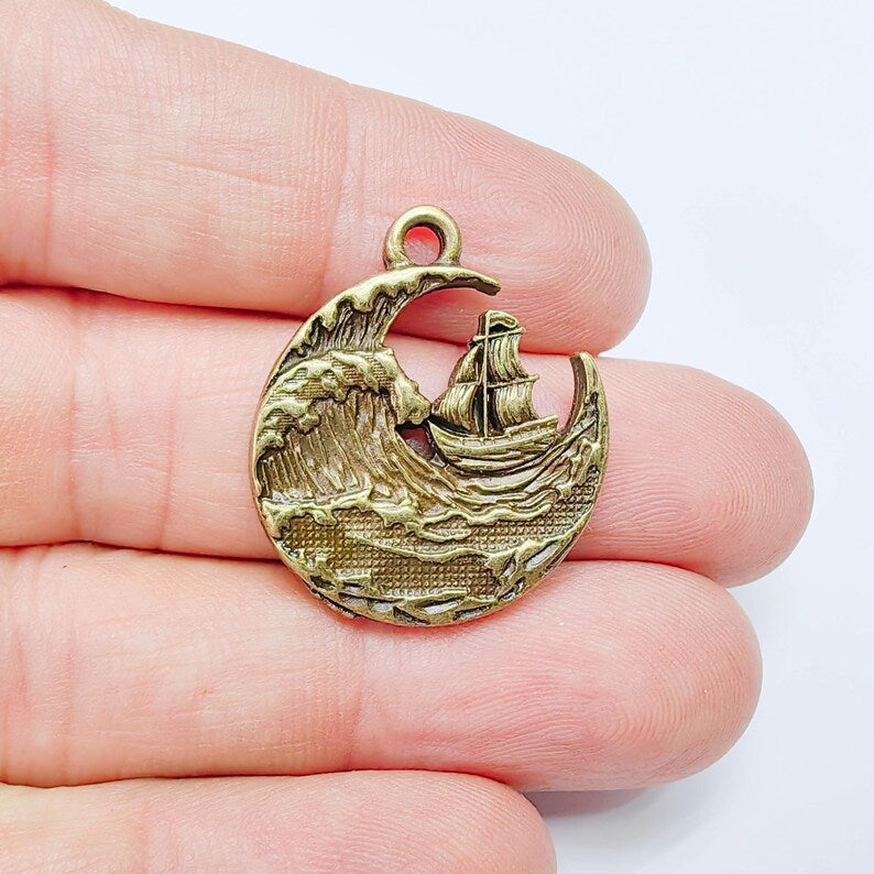Sailing Ship Charm, Ocean Wave Pendant, Nautical Sea Maritime, Antique Bronze Plated 29x25mm G37674
