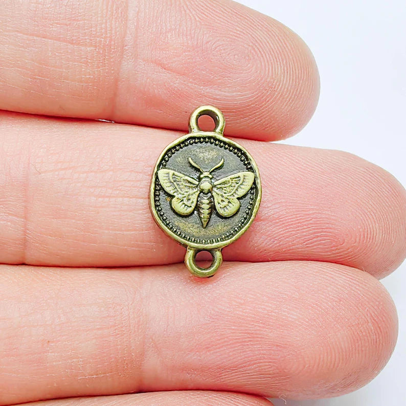 4 Moth Charm Connector Pendant, Double Sided Organic Round Coin Design, Antique Bronze, 20x12mm, G37682