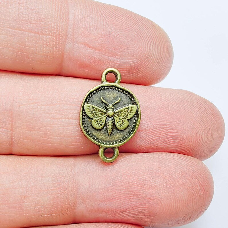 4 Moth Charm Connector Pendant, Double Sided Organic Round Coin Design, Antique Bronze, 20x12mm, G37682