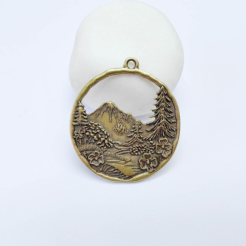 Mountain Tree and Flowers Pendant, Nature Forest Landscape Earring, Antique Bronze Plated 44x39mm G37690