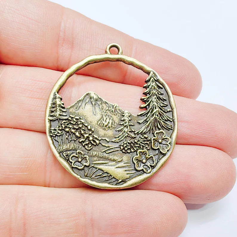 Mountain Tree and Flowers Pendant, Nature Forest Landscape Earring, Antique Bronze Plated 44x39mm G37690