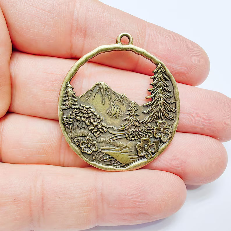 Mountain Tree and Flowers Pendant, Nature Forest Landscape Earring, Antique Bronze Plated 44x39mm G37690