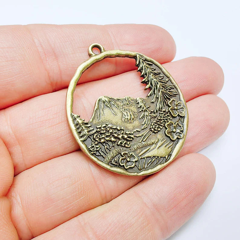 Mountain Tree and Flowers Pendant, Nature Forest Landscape Earring, Antique Bronze Plated 44x39mm G37690