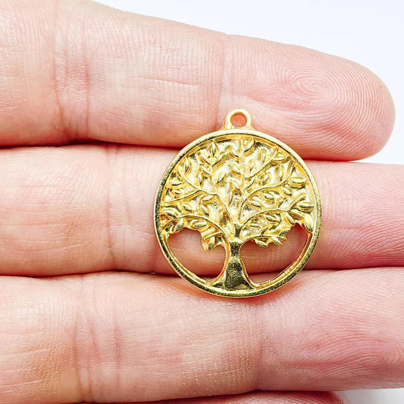 Tree of Life Charm, Round Pendant, 24K Gold Color, Jewelry Finding, 26x22mm, G37692