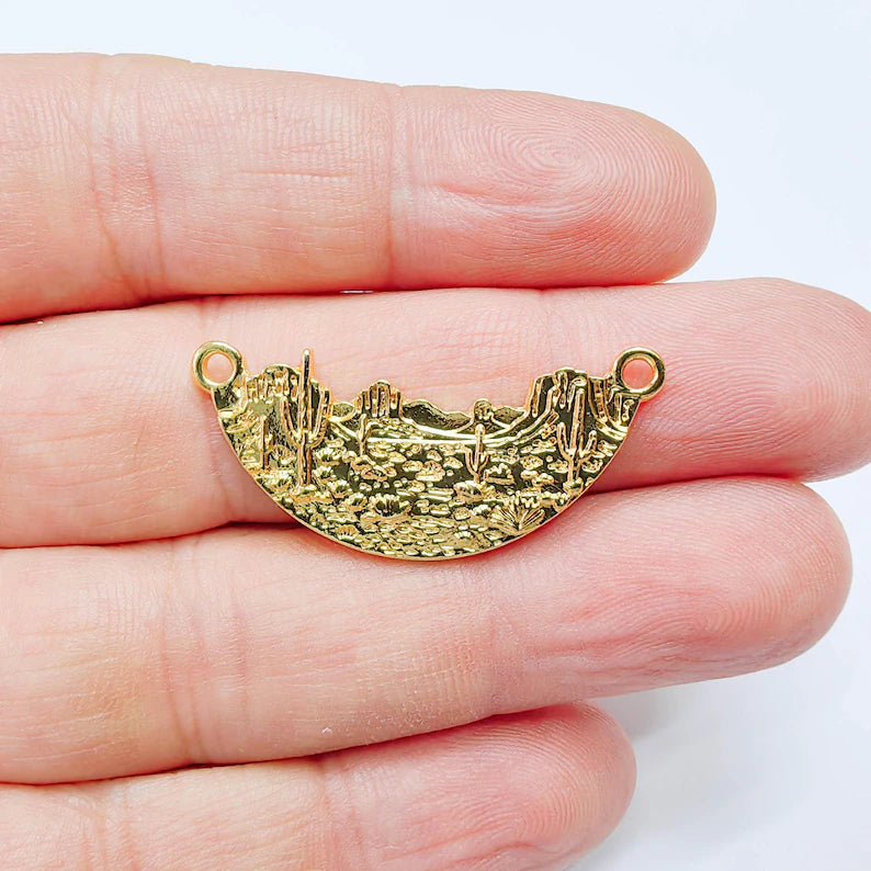 Desert Landscape Connector, Cactus Scenic Design, 24k Gold Color, Jewelry Finding, 36x16mm, G37700