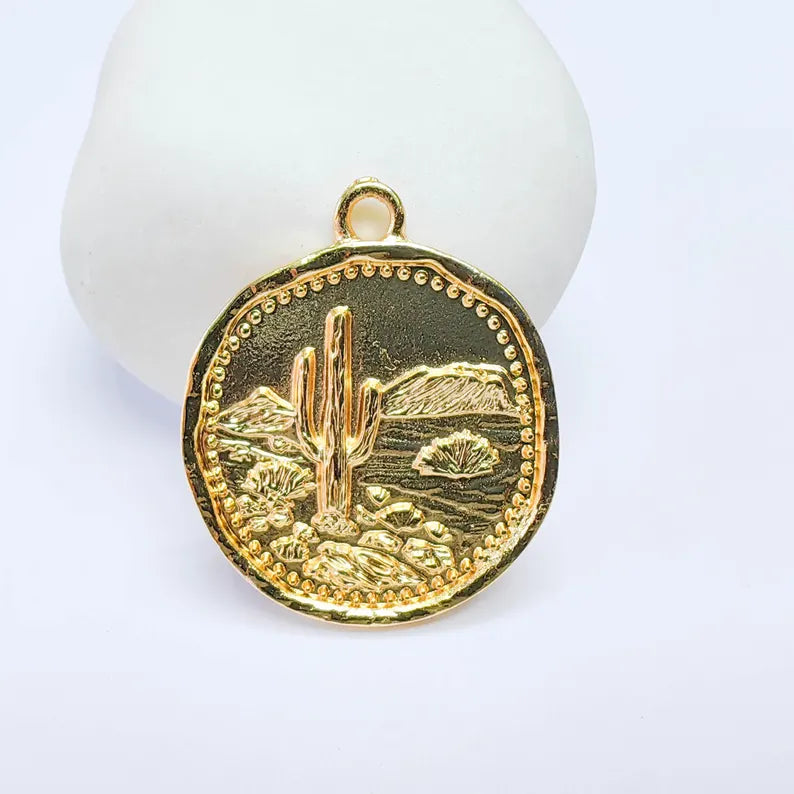 Round Desert Landscape Charm, Cactus Scenic Design, 24k Gold Color, Jewelry Finding, 32x27mm, G37701