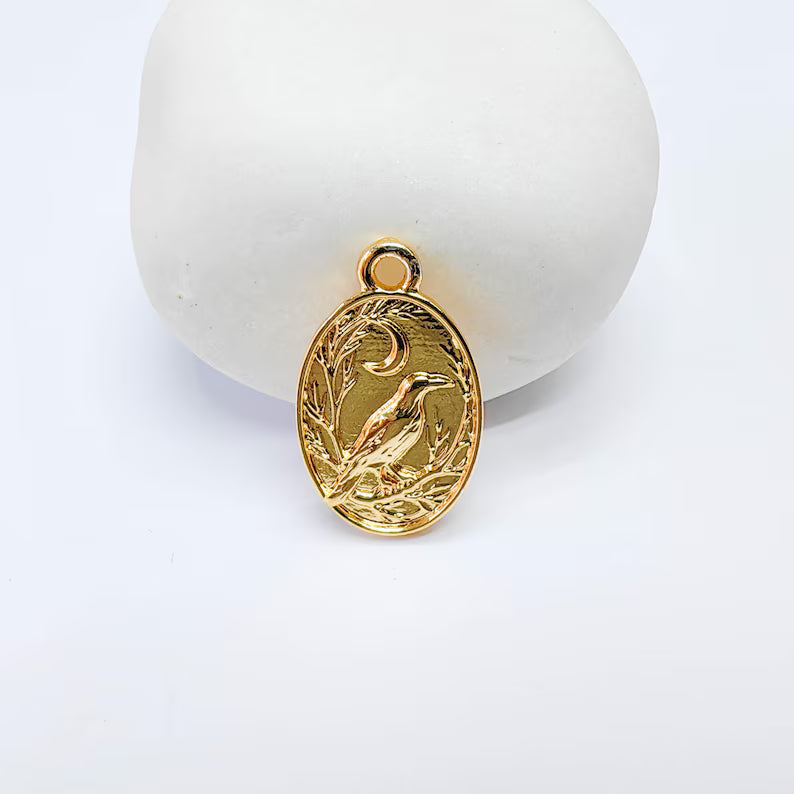 Oval Raven Moon Charm, Mystical Bird Design, 24k Gold Color, Jewelry Finding, 23x14mm, G37702
