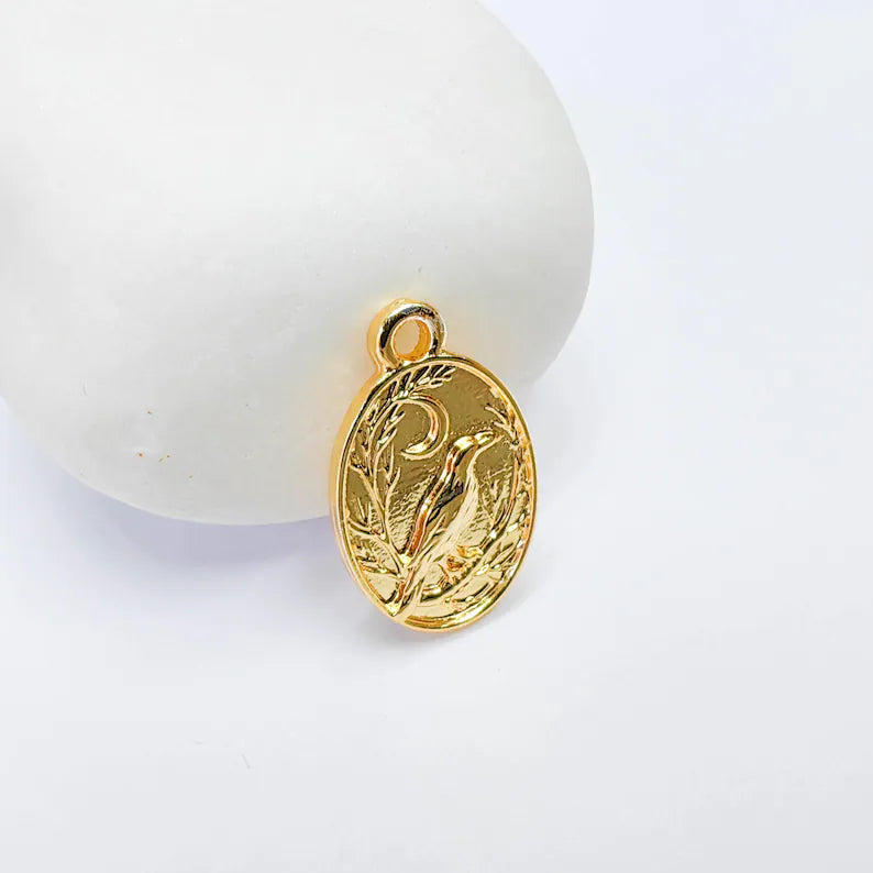 Oval Raven Moon Charm, Mystical Bird Design, 24k Gold Color, Jewelry Finding, 23x14mm, G37702