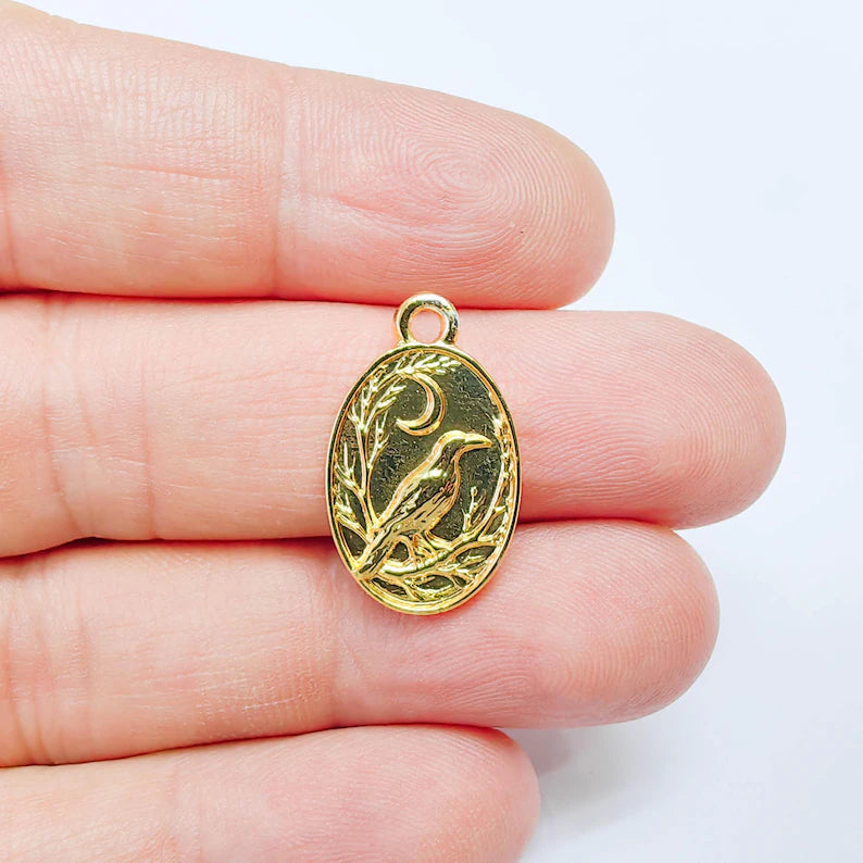 Oval Raven Moon Charm, Mystical Bird Design, 24k Gold Color, Jewelry Finding, 23x14mm, G37702