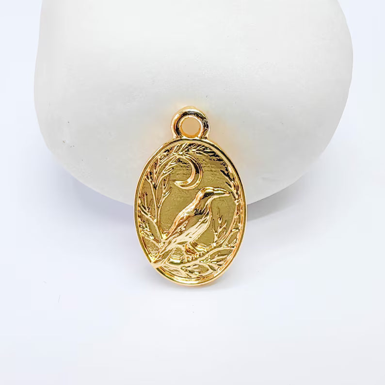 Oval Raven Moon Charm, Mystical Bird Design, 24k Gold Color, Jewelry Finding, 23x14mm, G37702