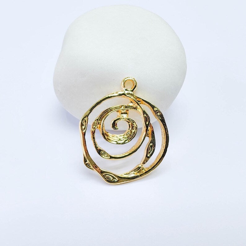 Spiral Circle Charm, Abstract Swirl Design, 24k Gold Color, Jewelry Finding, 30x26mm, G37707