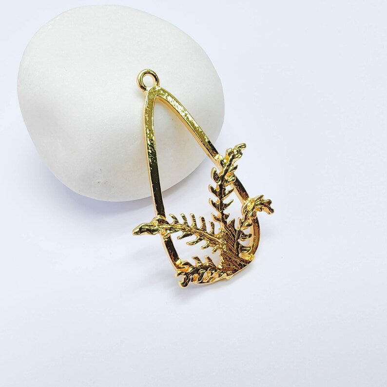 Teardrop Fern Leaf Charm, Botanical Nature Design, 24k Gold Color, Jewelry Finding, 45x29mm, G37708