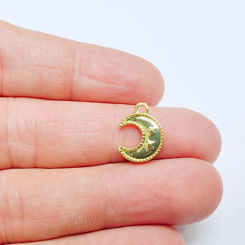 4 Crescent Moon Star Charm, Celestial Mini Design, 24k Gold Color, Jewelry Finding, 14x11mm, G37710