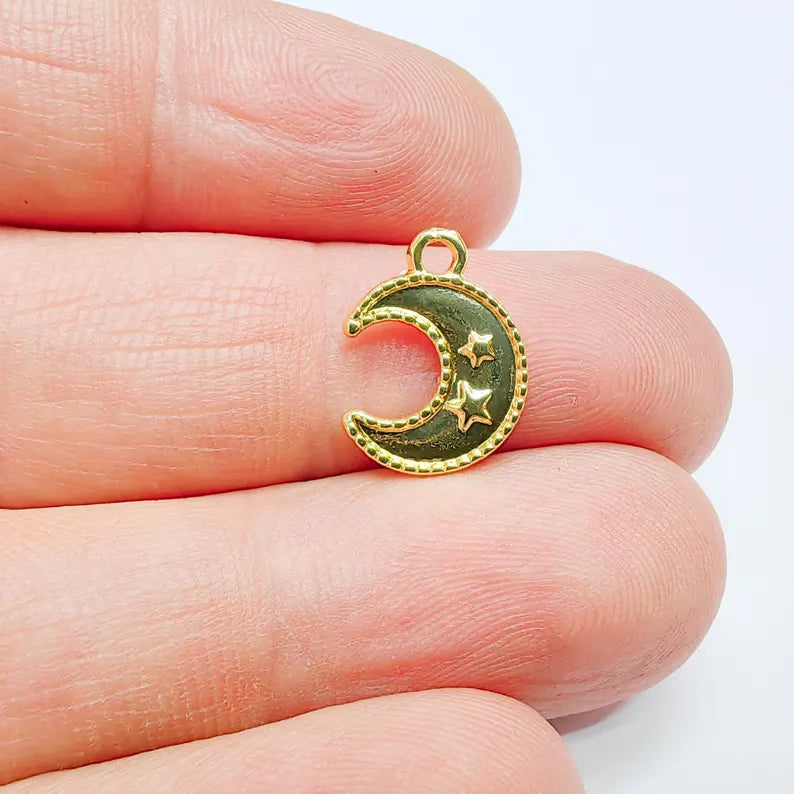 4 Crescent Moon Star Charm, Celestial Mini Design, 24k Gold Color, Jewelry Finding, 14x11mm, G37710