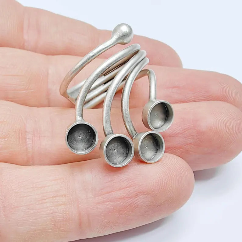 Adjustable Ring Base, 6mm Quad Bezel Ring, Antique Silver, Resin Setting, G37617