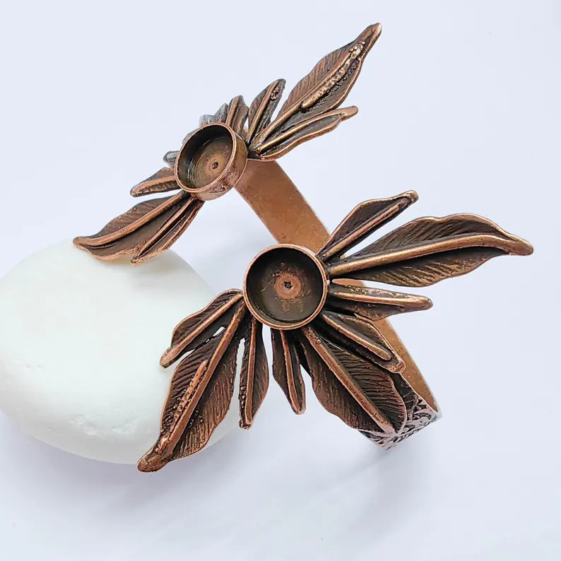 Feathers Bracelet Bezel Blank Resin Bezel Cabochon Cuff Base Settings Adjustable Bracelet Antique Copper Plated Brass (10mm Bezel) G37618