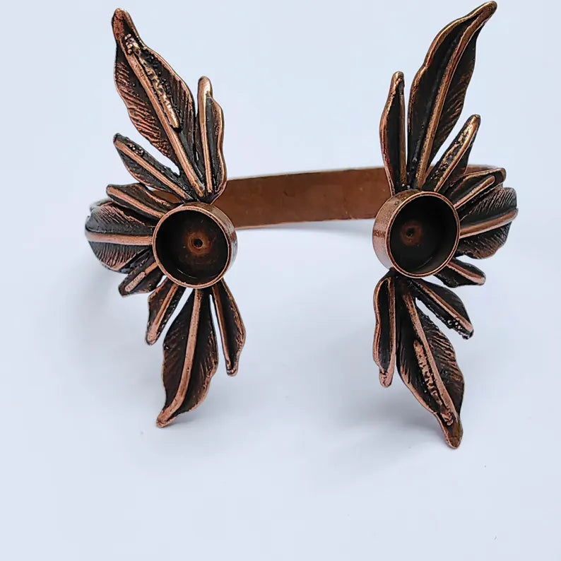 Feathers Bracelet Bezel Blank Resin Bezel Cabochon Cuff Base Settings Adjustable Bracelet Antique Copper Plated Brass (10mm Bezel) G37618