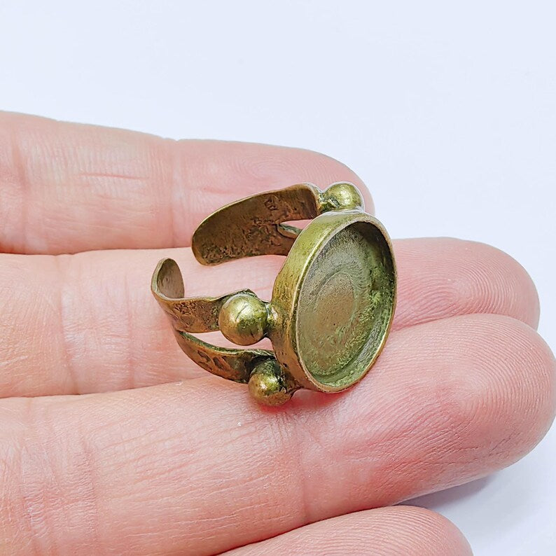 Adjustable Ring Base, 15mm Round Bezel Setting, Antique Bronze Jewelry Making, G37620