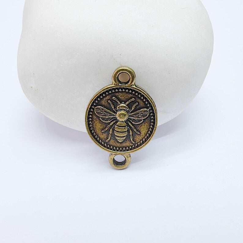 4 Bee Charm Double Sided Connector, Round Coin Design, Antique Bronze Plated 21x14mm, G37712