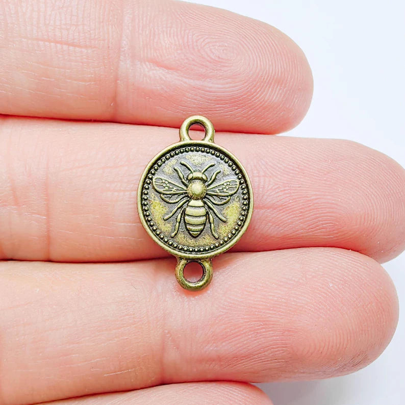 4 Bee Charm Double Sided Connector, Round Coin Design, Antique Bronze Plated 21x14mm, G37712