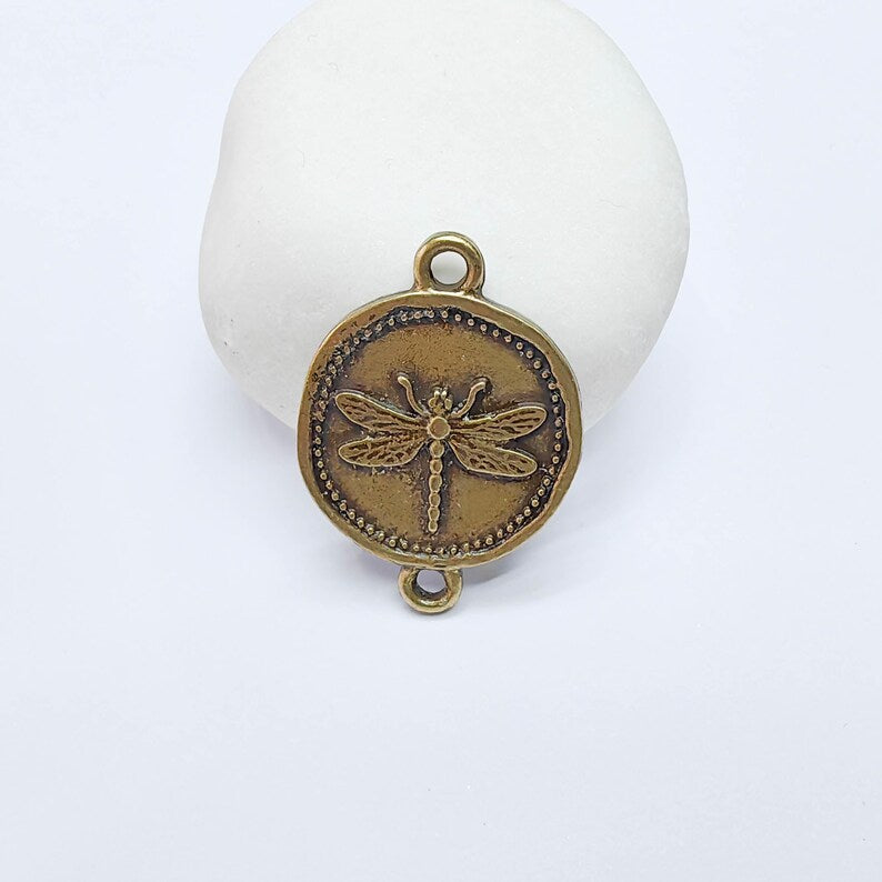 Dragonfly Charm Connector, Round Insect Motif Design, Antique Bronze Plated, Double Loop, 34x24mm, G37713