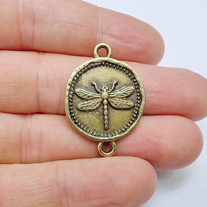 Dragonfly Charm Connector, Round Insect Motif Design, Antique Bronze Plated, Double Loop, 34x24mm, G37713