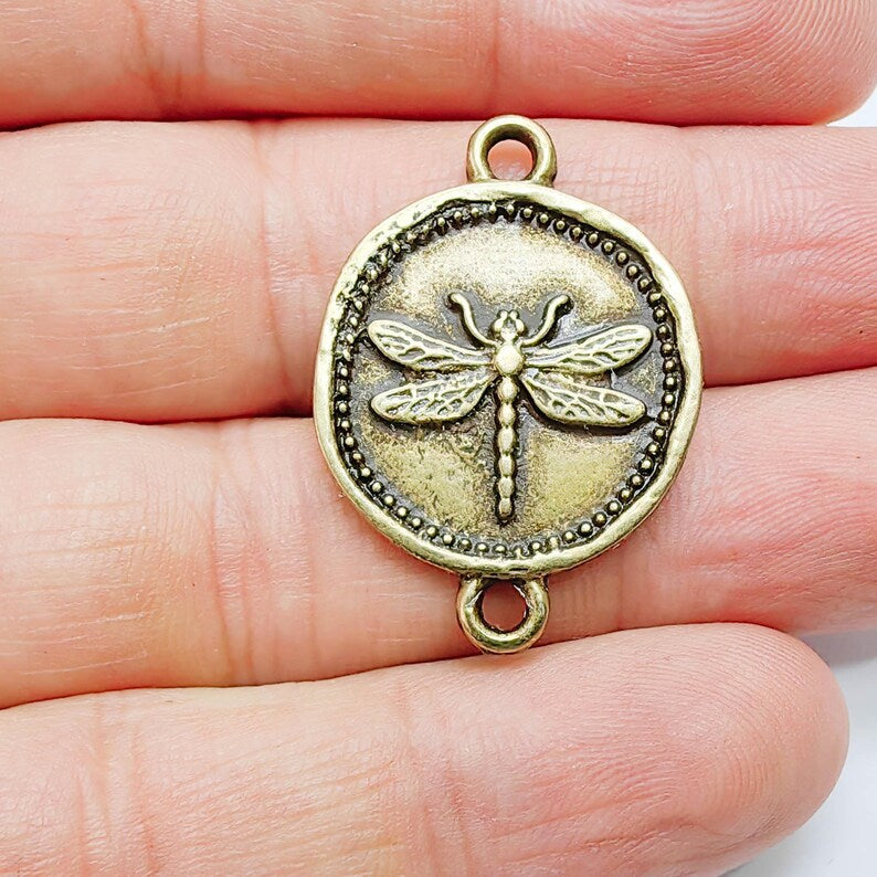 Dragonfly Charm Connector, Round Insect Motif Design, Antique Bronze Plated, Double Loop, 34x24mm, G37713