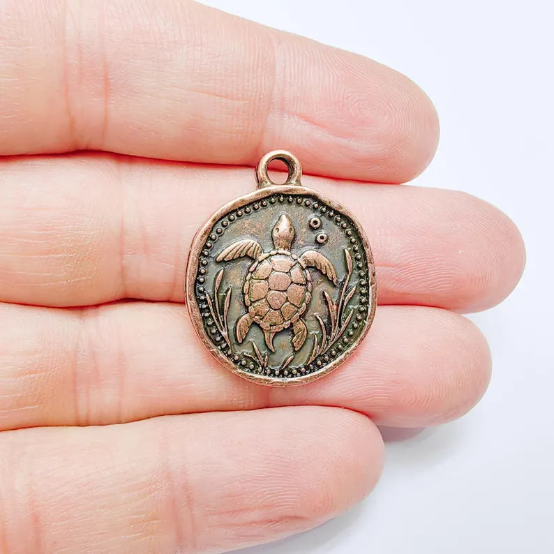 Sea Turtle Charm Pendant, Round Ocean Design, Antique Copper Color, 37x24mm, G37714