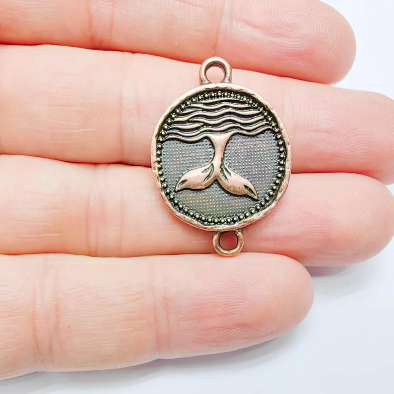 Whale Tail Charm Connector, Ocean Wave Symbol Design, Antique Copper Plated 37x24mm, G37716