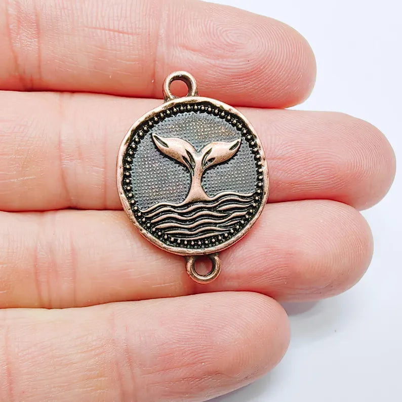 Whale Tail Charm Connector, Ocean Wave Symbol Design, Antique Copper Plated 37x24mm, G37716