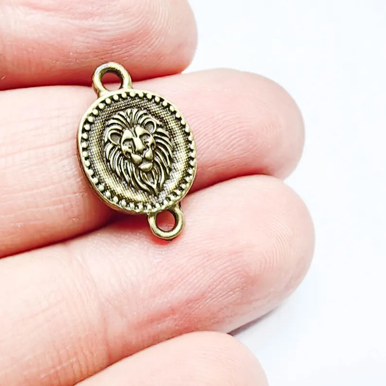 4 Lion Charm Double Sided Connector, Round Coin Design, Antique Bronze Plated, 20x13mm, G37717