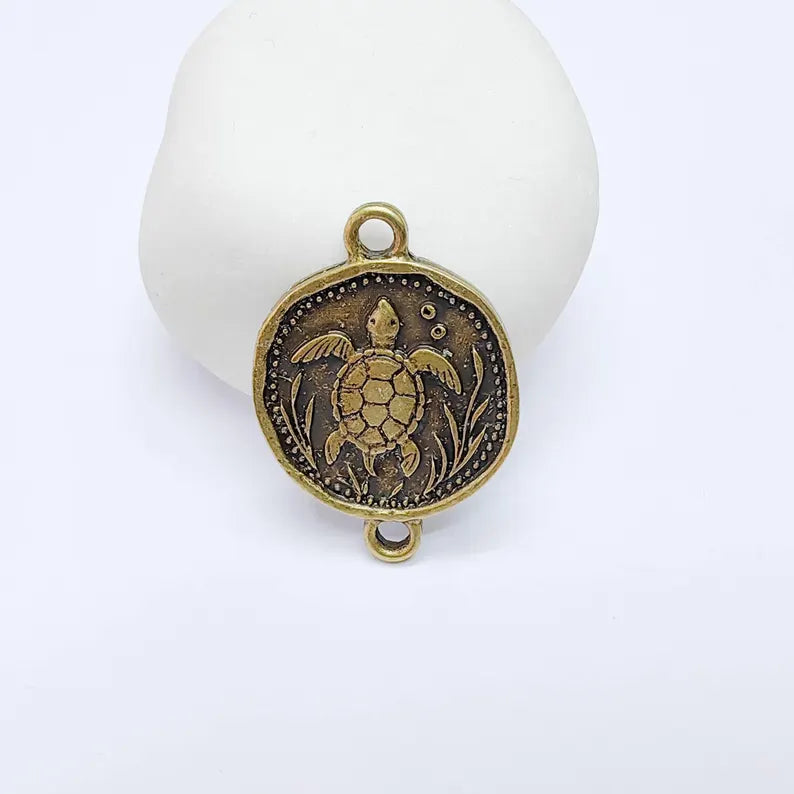 Sea Turtle Charm Connector, Round Ocean Animal Design, Antique Bronze Plated, 34x24mm, G37719