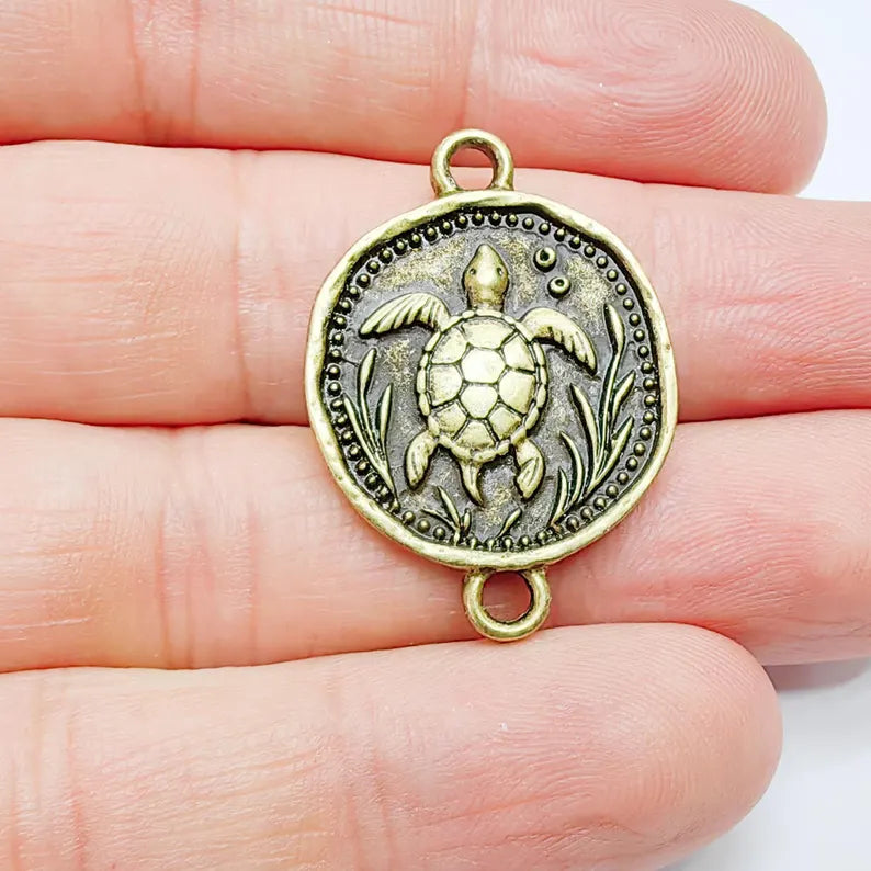 Sea Turtle Charm Connector, Round Ocean Animal Design, Antique Bronze Plated, 34x24mm, G37719