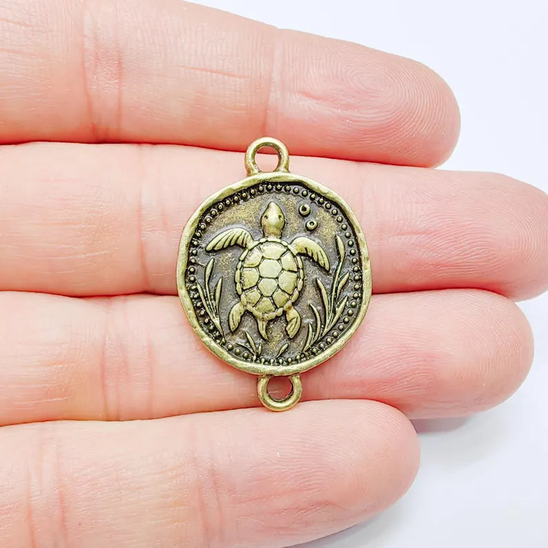 Sea Turtle Charm Connector, Round Ocean Animal Design, Antique Bronze Plated, 34x24mm, G37719