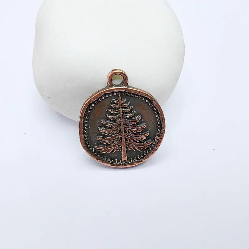 Pine Tree Charm Pendant, Round Forest Design, Antique Copper Color, 28x24mm, G37722