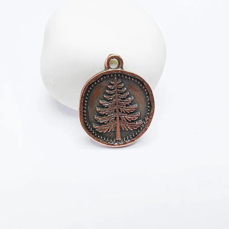 Pine Tree Charm Pendant, Round Forest Design, Antique Copper Color, 28x24mm, G37722