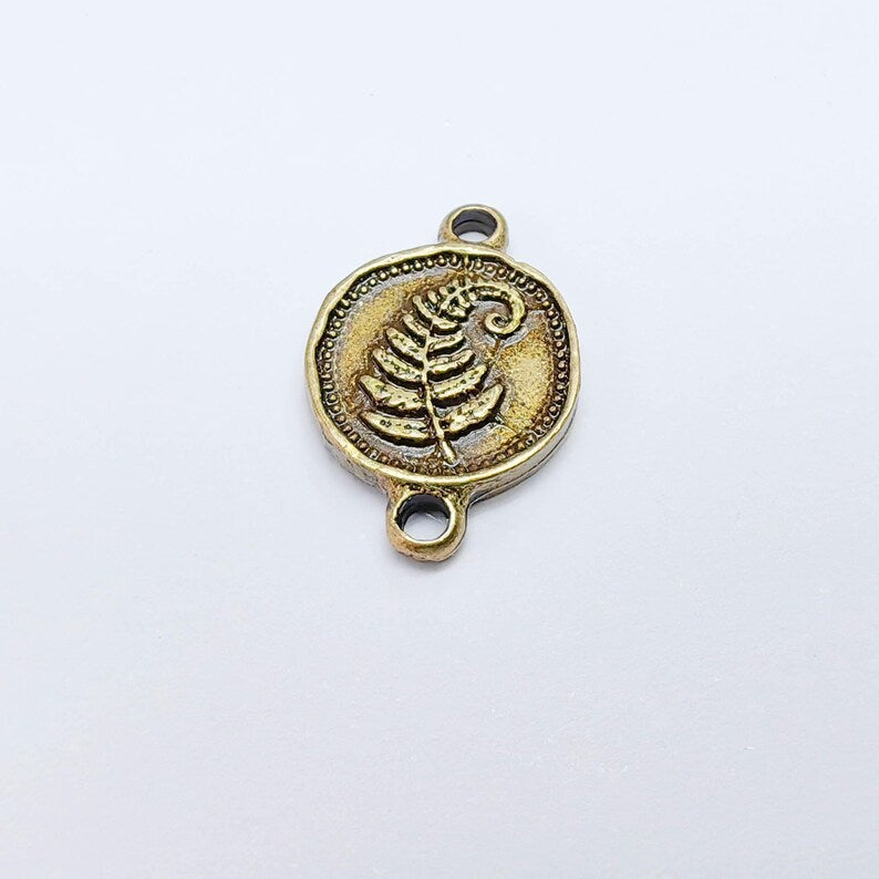 4 Fern Leaf Charm Double Sided Connector, Round Coin Design, Antique Bronze Plated, 19x13mm, G37723